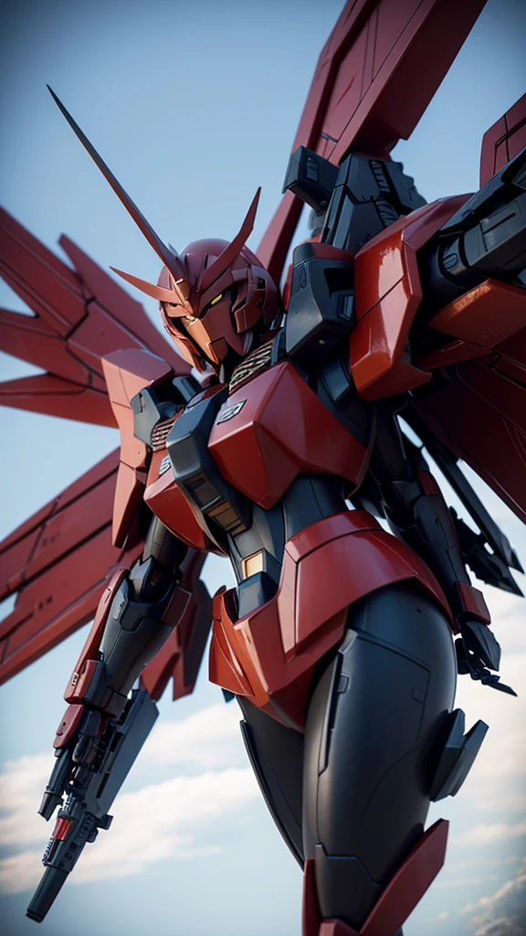 ，Gundam style，Rich in details，Wearing cold weapons，Crimson and black，The original machine，Wings behind，Fighting Stance，3D Model，complex structure