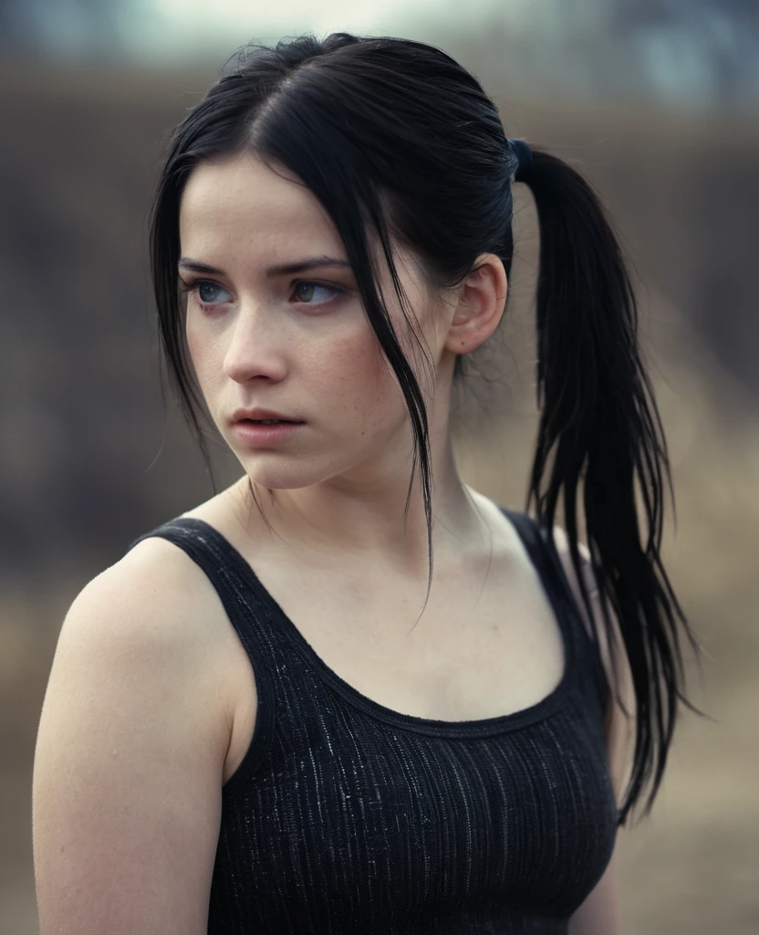 cinematic film still 21year old girl,standing alone,(pale skin:1.3),black hairr,pelo largo,dusty background,Sunnyday,fundo ao ar livre,looking shyly the other way, your face barely appears,pigtails,Ultra-HD Details,true to life,HDR IMAGE,high resolution details,soft eyes,skin natural,high detailed face,very detailed fabric,film photography,ancestor,cinematic lighting,realisitic,sharp focus,(very detailled),((high quality 4k)),depth of field,f/1.2,leica,8kDR,hight contrast,darkness,bokeh,(textura de pele detalhada e realisitic),(detailed clothing),(Detailed history),skin detailed,(highly skin detailed),(8kDR photo),Realista texture,realisitic darkness,accurate to life,living image,lifelike,Ultra-HD Details,vivid contrast,bright coloured,White tank top,full body shot photograph,full - length portrait,full body visible,From a distance,. shallow depth of field,vignette,very detailled,high budget,bokeh,cinemascope,temperamental,epic,marvelous,film grain,grainy