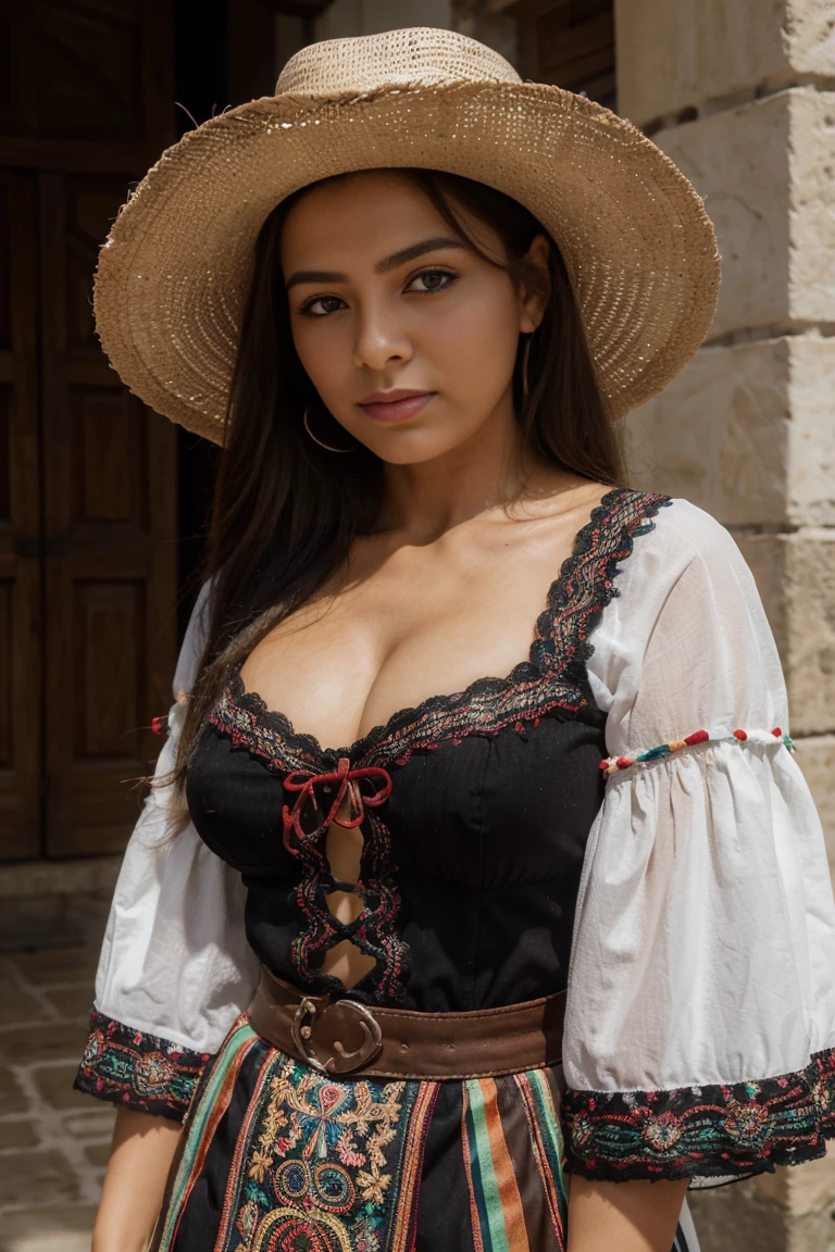 une femme mexicaine impressionnante, Sa personnalité rappelle le charme intemporel de la tradition mexicaine.. Ses yeux, plein d&#39;histoires, les yeux sont d&#39;une légère nuance de vert, dégageant de la sagesse avec une touche de malice. Ses lèvres, riche et rouge, reflètent la vitalité de la culture mexicaine. Ses cheveux, Aussi sombre et fluide que le ciel nocturne mexicain ,encadre ton visage. Vêtu d&#39;un costume traditionnel mexicain., Les couleurs vibrantes semblent refléter l&#39;esprit même du Mexique.. L&#39;environnement environnant présente un mélange de scènes de rue symboliques des fleurs.., bâtiments colorés, et le ciel bleu céleste