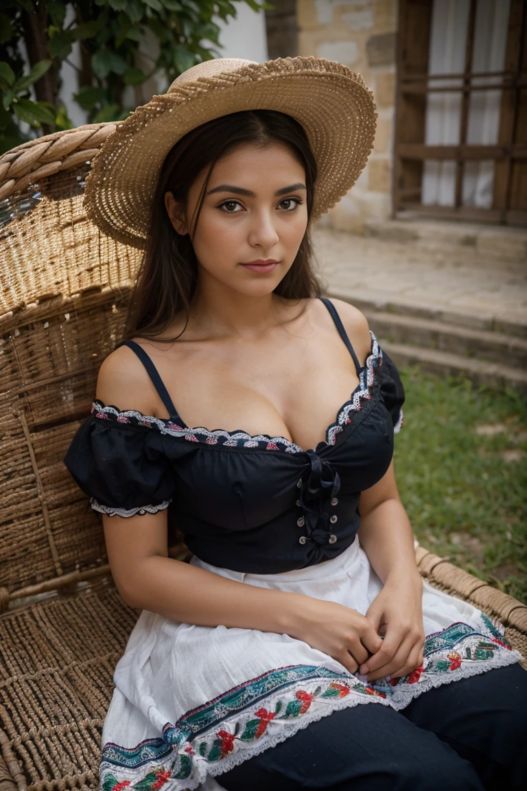 une femme mexicaine impressionnante, Sa personnalité rappelle le charme intemporel de la tradition mexicaine.. Ses yeux, plein d'histoires, les yeux sont d'une légère nuance de vert, dégageant de la sagesse avec une touche de malice. Ses lèvres, riche et rouge, reflètent la vitalité de la culture mexicaine. Ses cheveux, Aussi sombre et fluide que le ciel nocturne mexicain ,encadre ton visage. Vêtu d'un costume traditionnel mexicain., Les couleurs vibrantes semblent refléter l'esprit même du Mexique.. L'environnement environnant présente un mélange de scènes de rue symboliques des fleurs.., bâtiments colorés, et le ciel bleu céleste