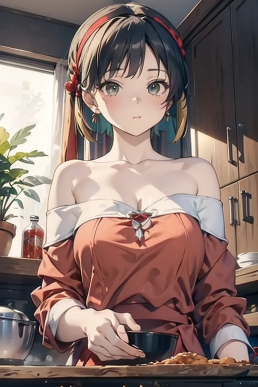 (from below:1.2), (perky chest:1.2), (pointed chest:1.2), 1girl, Bust A Cup, Amazing Cleavage:1.1, thin waist, big ass, Raised sexy, small breast: 1.1 posed cleavage:1.2、solo, looking at viewer, have a cute glass of cute beergrass,black hair, dark green eyes, dress, bare shoulders, jewelry, collarbone, sidelocks, hairband, earrings, indoors, off shoulder, arms behind back, plants, short hair with long locks, gild hairband, off-shoulder dress, sweater dress, off-shoulder sweater, red sweater, dark gord hair, big side hair, very long side hair,is rendered in (masterpiece: 1.2, best quality), with (ultra high resolution) and an exquisite (depth of field). This masterpiece is not only visually stunning but also tells,A scene of cooking in the kitchen