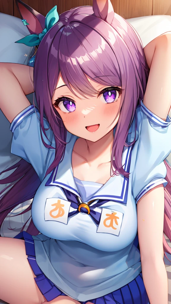 ((8K, Best Quality, masterpiece, Highly detailed)),{{{NSFW}}},Semi-realistic illustrations,Mejiro McQueen \(umamusume\),{1 girl,beautiful girl,cute,smile,kawaii, lovely,blushing,playful expression},sharp focus,oily skin,beautiful detailed hair,glossy hair,(wear school uniform:1.5),(two nipples slip from school uniform:1.2)(NSFW),erection-of-nipples,(lying on the bed:1.2),wear long school skirt,perfect two legs,(spread two legs:1.2),(show-off-white-panties:1.3),five fingers,large breaths,wear black pantyhose,beautiful detailed eyes,jewel like eyes,violet eyes, (two hands behind head:1.1),open mouth,armpits, solo,beautiful navel,  looking at viewer,collarbone,earring