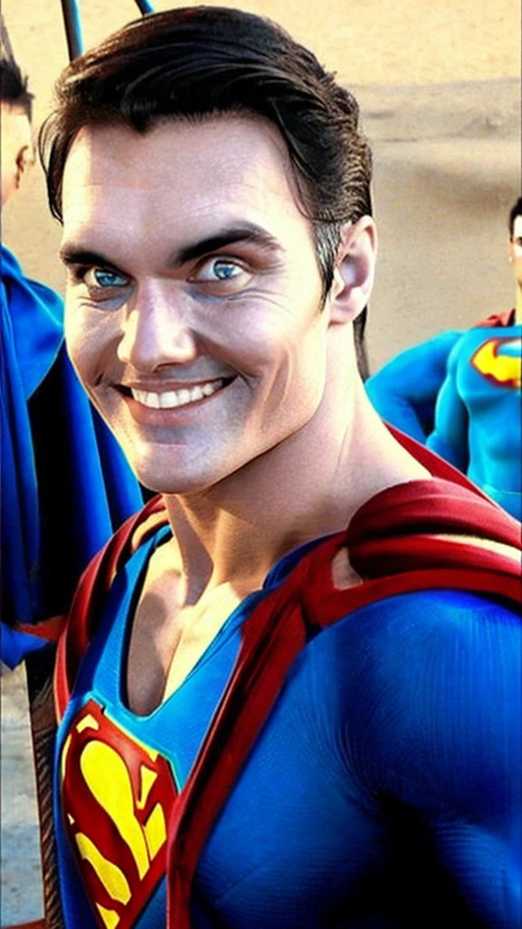 ((a muscular man with a chiseled jawline, piercing blue eyes, superman costume))a muscular man in a red and blue superhero costume, red cape, detailed facial features, piercing eyes, chiseled jawline, striking heroic pose, flying in the sky, dynamic action scene, dramatic lighting, vibrant colors, cinematic composition, comic book style, 8k, high quality, photorealistica muscular man with a chiseled jawline, piercing blue eyes, superman costume