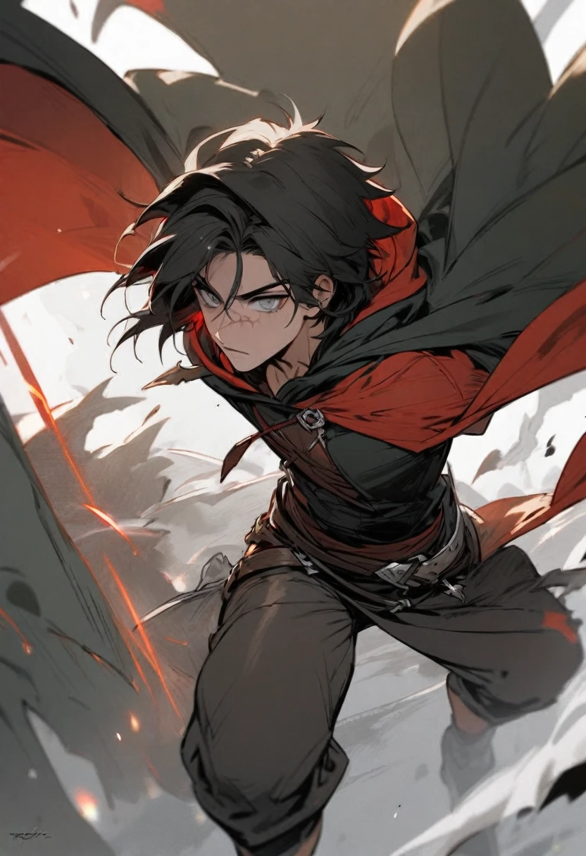 young man ,Male Dark, Red & Black colors, gray eye, rogue dnd, wear cape, hood, have scar