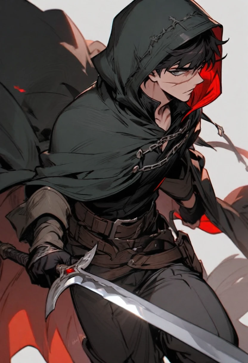 young man ,Male Dark, Red & Black colors, gray eye, rogue dnd, wear cape, hood, have scar
