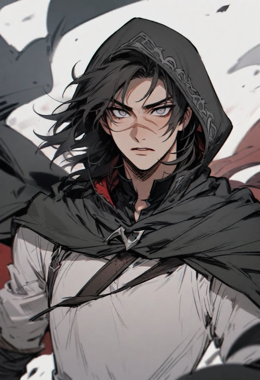 young man ,Male Dark, Red & Black colors, gray eye, rogue dnd, wear cape, hood, have scar