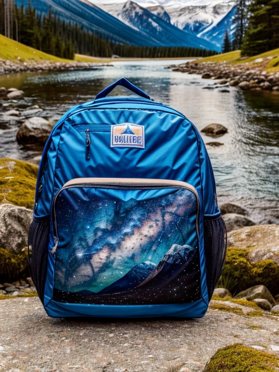mountains, nature, (stars, officer) happy, happy, schoolbag, sleeping bag, camping stove, forest, Rocks, River, wood, darkness, clear sky, analog style , (warm tone, warm tone)