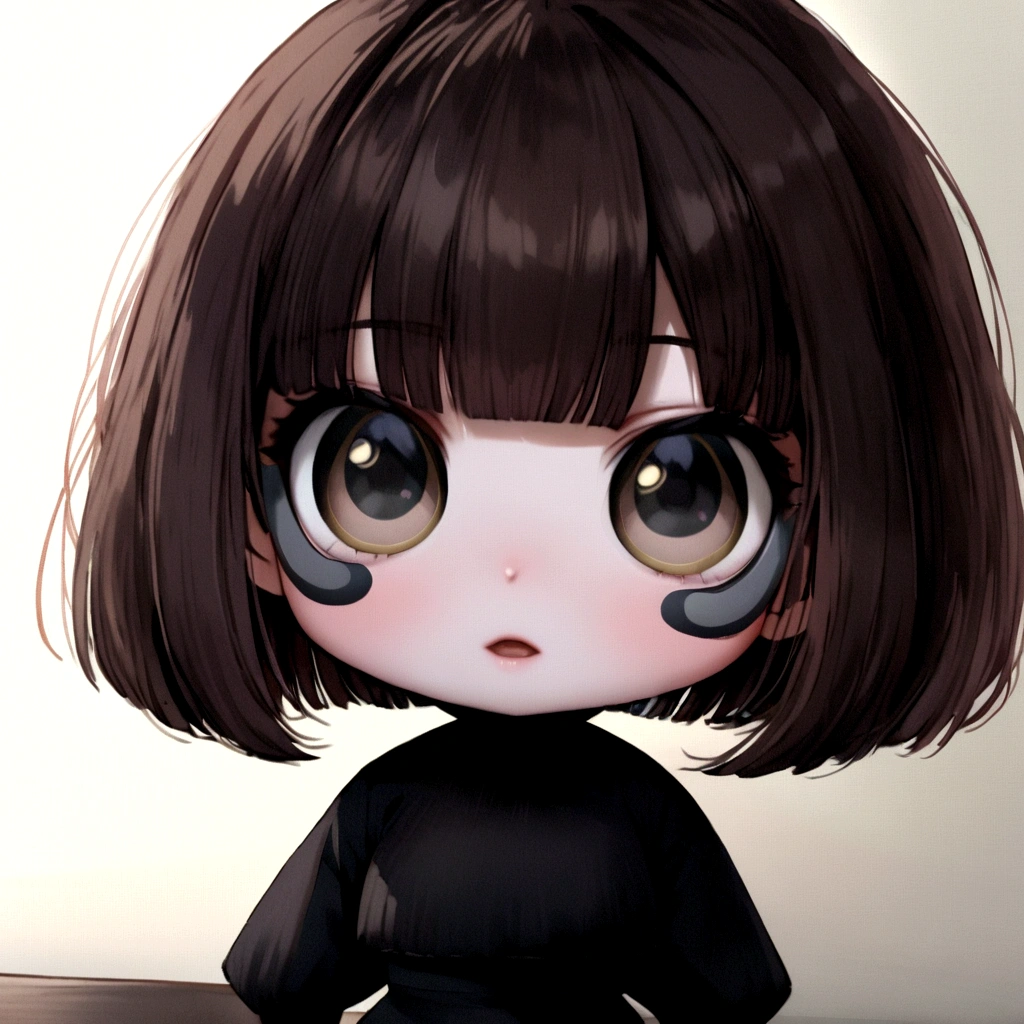 change it to not having bangs and having black eyes