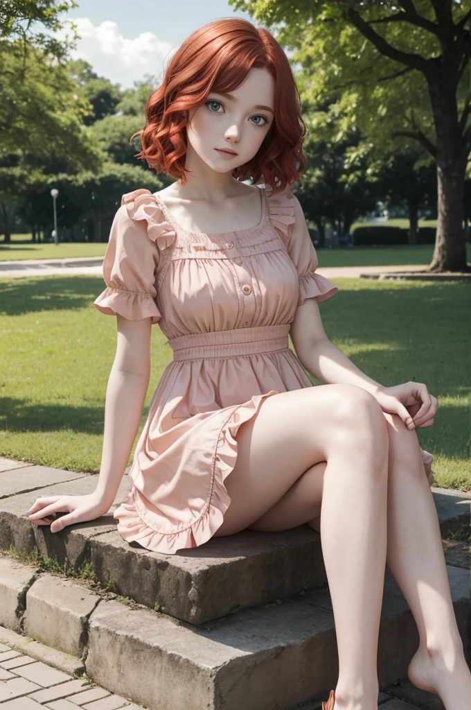 red wavy bob hair, one  girl, pale skin, blue eyes, short frilled peach color dress, barefoot, in the park, sitting portrait