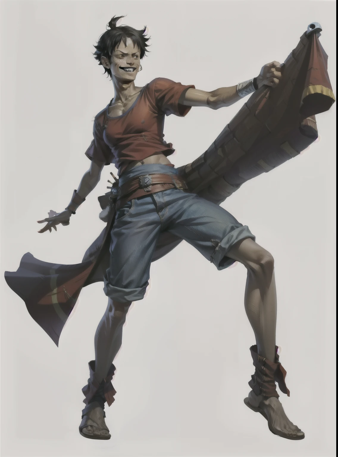I want a character with a white background, png, Full-body image, a pirate man, teenager, thin and tall, with smile on face, very happy, bouncy and silly, with a pistol on his waist and red clothes with blue, denim shorts and holding a black pirate flag, black hair and olive skin, open red blouse, in slippers, similar to luffy.
