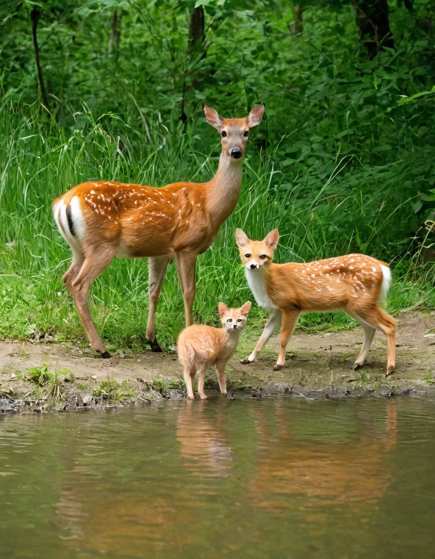 Cats and a deer standing in the water, peaceful looking animals, peaceful animals, foxes and deer, wildlife photo, cute animals, wildlife photograph, deers, disney's bambi cat, among foxes and deer, 2 animals, posing for the camera, very clear picture, beautiful nature, on a riverbank, very close to real nature, beautiful and cute