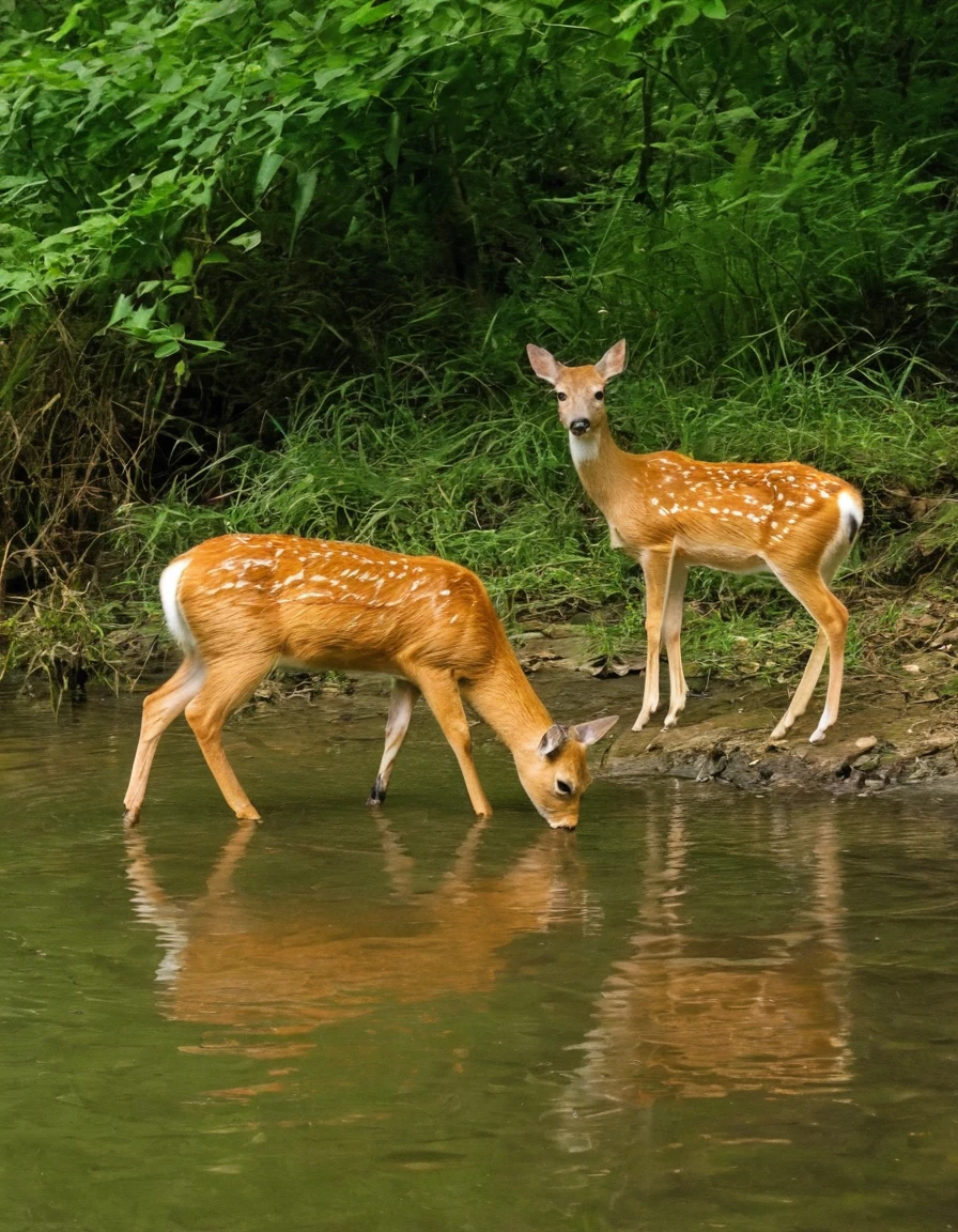 Cats and a deer standing in the water, peaceful looking animals, peaceful animals, foxes and deer, wildlife photo, cute animals, wildlife photograph, deers, disney's bambi cat, among foxes and deer, 2 animals, posing for the camera, very clear picture, beautiful nature, on a riverbank, very close to real nature, beautiful and cute