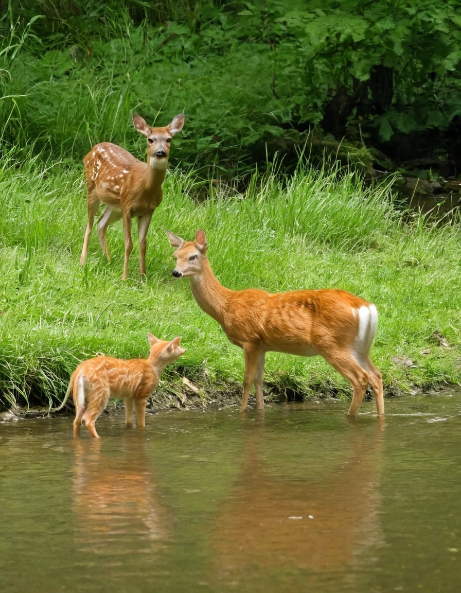 Cats and a deer standing in the water, peaceful looking animals, peaceful animals, foxes and deer, wildlife photo, cute animals, wildlife photograph, deers, disney's bambi cat, among foxes and deer, 2 animals, posing for the camera, very clear picture, beautiful nature, on a riverbank, very close to real nature, beautiful and cute