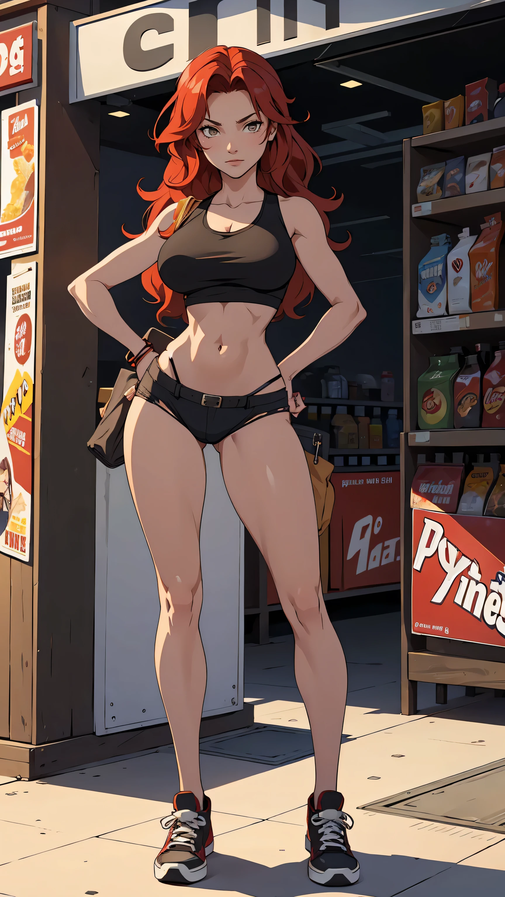 1 woman, 16 years old , wavy red hair, sly face , black tank top, black panties , abdomen , big breasts , Long legs , stand on your hips... , canvas shoes , convenience store