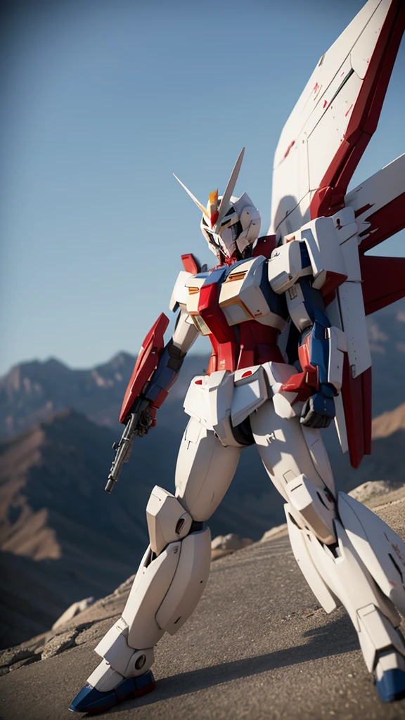 ，Gundam style，Rich in details，Wearing cold weapons，red、White、blue，The original machine，Wings behind，Fighting Stance，3D Model，complex structure