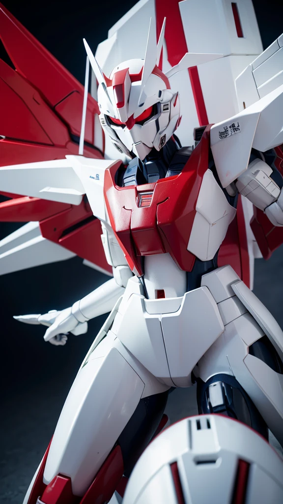 ,Gundam style,Rich in details,Wearing cold weapons,red、White、blue,The original machine,Wings behind,Fighting Stance,3D Model,complex structure