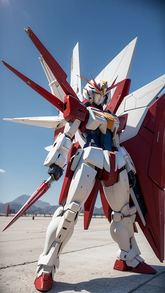 ,Gundam style,Rich in details,Wearing cold weapons,red、White、blue,The original machine,Wings behind,Fighting Stance,3D Model,complex structure