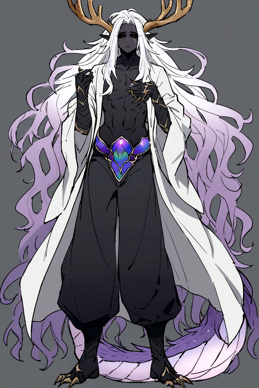 Solo, male teen, Character fusion: Nibelung fused with nidhoggr, odin and sun wukong, tall tanned man with wild unruly white hair, bangs on face, bangs, ((iridescent irises)), black sclera on eyes, long voluminous hair, spiky hair, pointy ears, fit , clawed fingers, dragon tail, open haori, turtleneck tanktop, dark crystal antlers, exhausted expression, khaenr'ah abyss, draconic person, calamity incarnate, full body