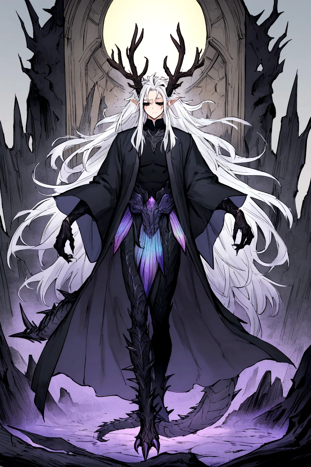 Solo, male teen, Character fusion: Nibelung fused with nidhoggr, odin and sun wukong, tall tanned man with wild unruly white hair, bangs on face, bangs, ((iridescent irises)), black sclera on eyes, long voluminous hair, spiky hair, pointy ears, fit , clawed fingers, dragon tail, open haori, turtleneck tanktop, dark crystal antlers, exhausted expression, khaenr'ah abyss, draconic person, calamity incarnate, full body