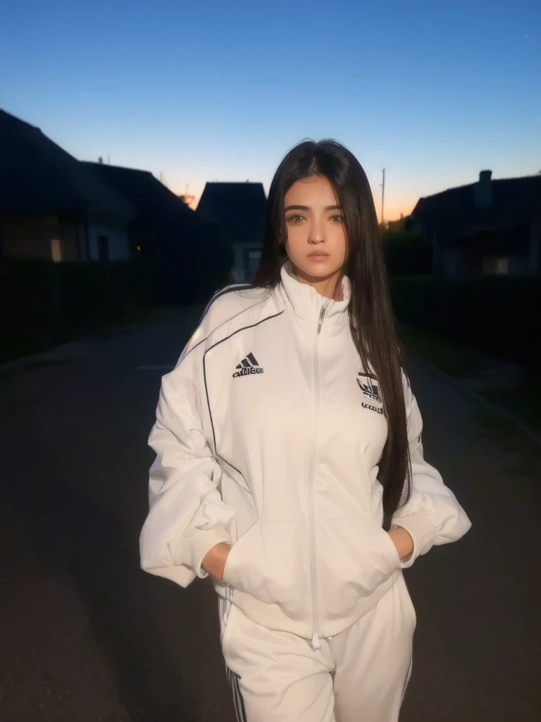 Arafed woman in white jacket and pants standing in a driveway, wearing a chandal, wearing a sports suit, wearing athletics suit, chandal, wearing adidas clothes, inspired by Ion Andreescu, Chappie in Adidas tracksuit, in white clothes, deportivo, during the dawn, during a sunset, inspired by Edo Murtić