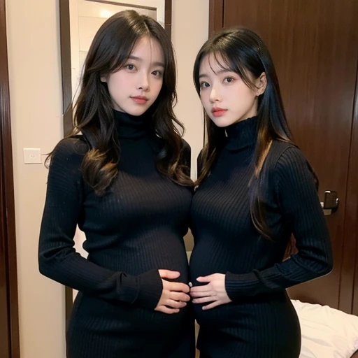 2 women，Mom and mother-in-law，35 years old，人妻 A pregnant woman，pregnant，pregnant，pregnant with twins，10 months pregnant，Pretty Face，Sexy body，Long hair，Wearing a black turtleneck sweater