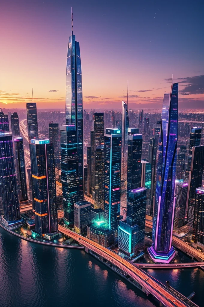 "Create a mesmerizing digital artwork of a futuristic city at sunset. The scene should include neon-lit skyscrapers, flying cars, and vibrant colors reflecting off a body of water. The sky should be a blend of oranges, pinks, and purples, with stars starting to appear. Incorporate elements of nature, like trees or parks, integrated harmoniously into the urban landscape."