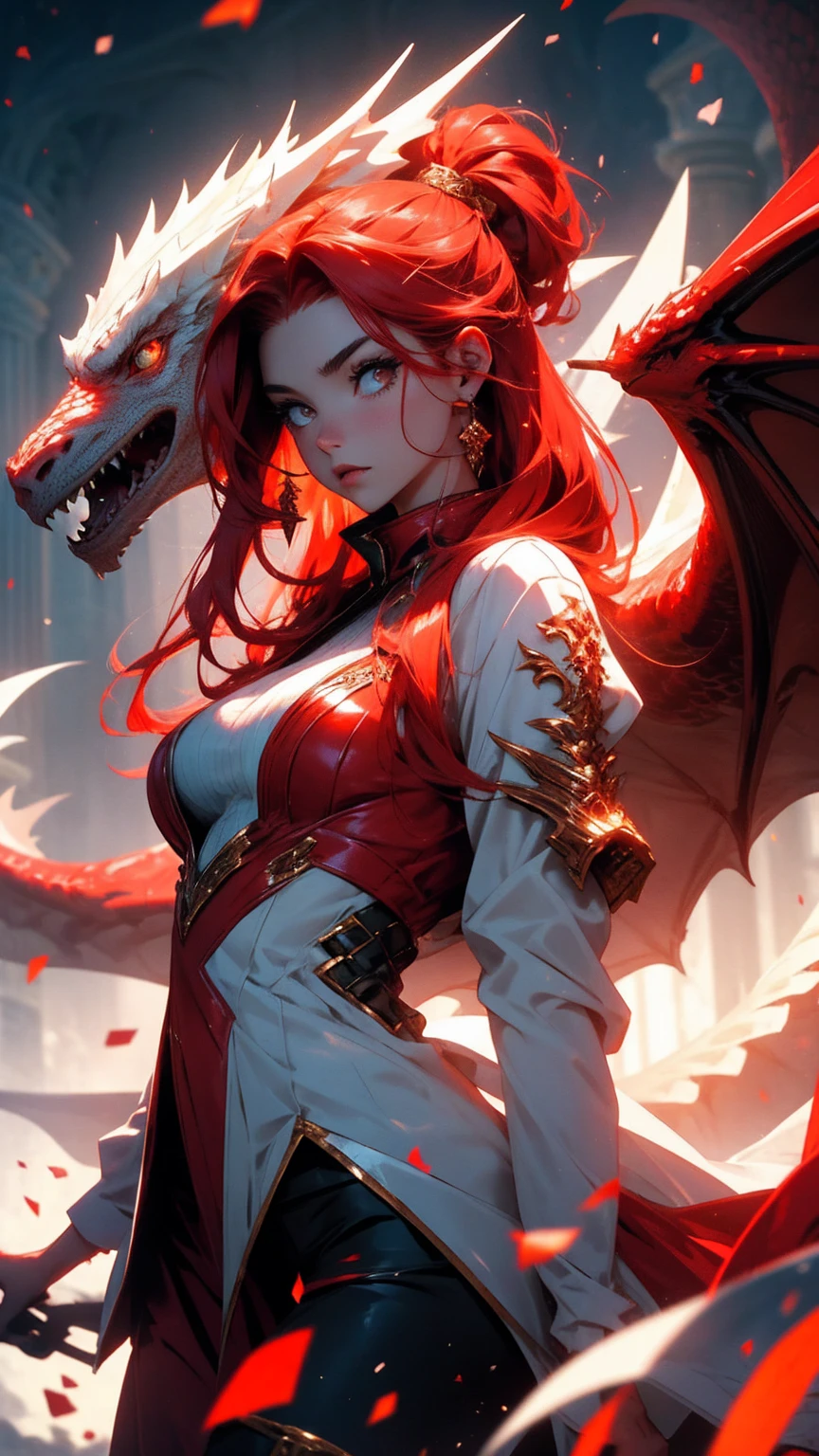 Beautiful young woman with red hair with white dragon fantasy scene