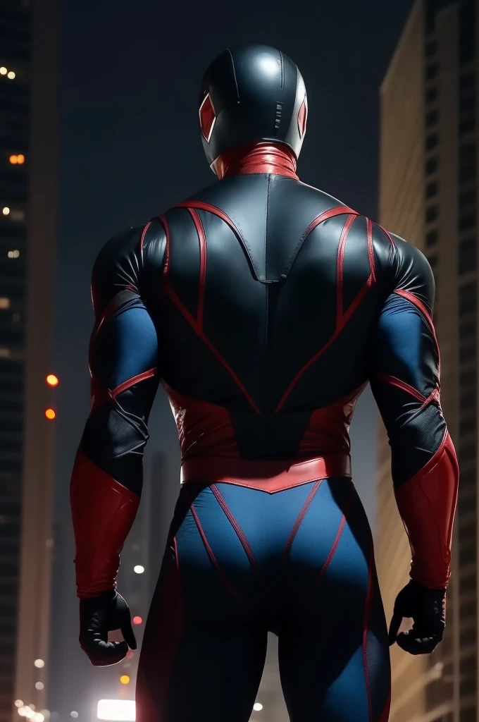 boy, very attractive boy, mexican ethnicity. tan skin, jet black hair, young man, solo, red jacked muscle, ((masked sperhero))beautiful musculature, aesthetic striations, inspirational physique, lean muscle, square pecs, beautiful v-taper, great abs and torso, bright bodysuit, standing front, young superhero (young face) ready to fight, top rated red wears a Bodysuit, very tight bodysuit, chiseled abs, chiseled pecs, with his jet black military haircut and voluminous neck, narrow waist, superhero, white sclera, blue eyes, no horns, brave superhero, human young. City background, skyscraper, futuristic city, night, stars, night lights000. wear mask), skill image, looking to the viewer, hero whose presence inspires trust and respect. (((His hero suit is black and blue.))) (((BACK))) huge and firm muscular thighs, round buttocks and round butt inward with the back, shapely buttocks, firm ass ((firm and shapely buttocks))