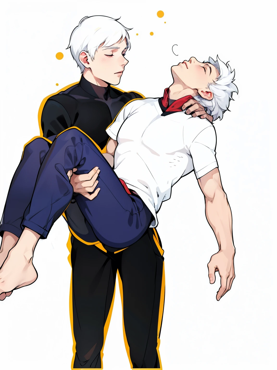 A young man lifts in his arms a young man, he has white hair, black clothes, the boy is dead with his eyes closed.