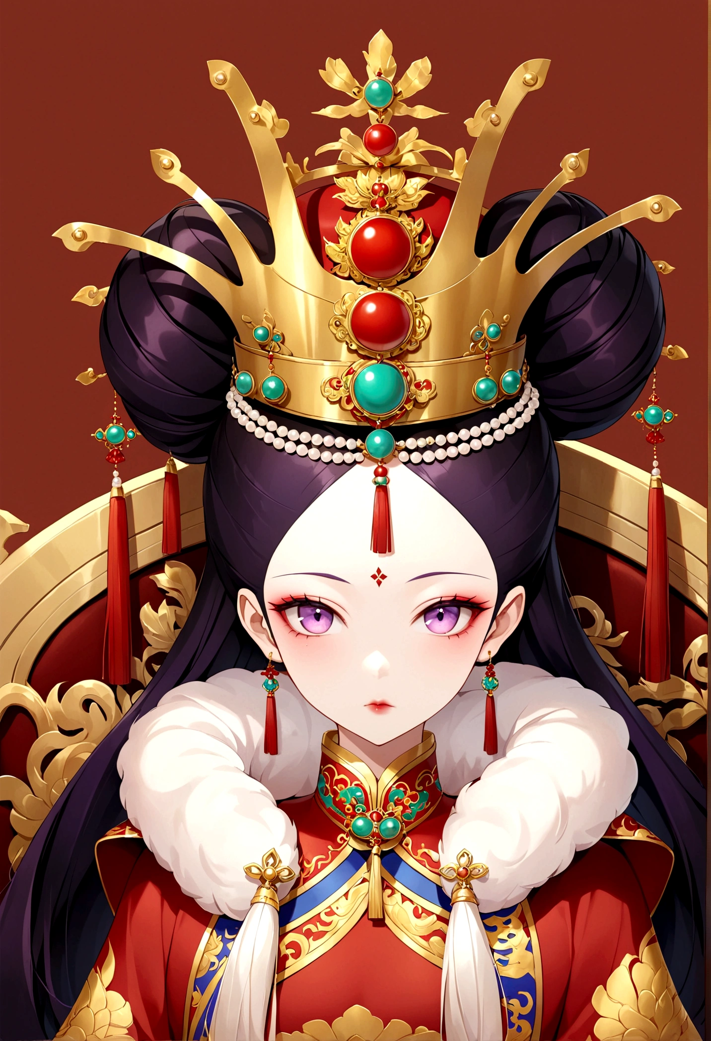 Dragon chair throne：1.37.Sitting，Solemn girl portrait，symmetry，Round Face，Bright Eyes，Smooth skin，Red peony headdress，Elegant and luxurious，Wealth，Gorgeous black and gold costumes，Chinese Qing Dynasty flag costumes,Selfish,Chinese Emperor，High bun，Gorgeous golden crown，tassel，palace，Clean background，(((Wu Zetian，Empress)))，Fur collar cape，Pearl tassels，Pearl Makeup，Red background