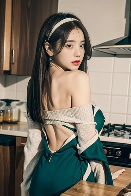 (from below:1.2), (perky chest:1.2), (pointed chest:1.2), 1girl, Bust A Cup, Amazing Cleavage:1.1, thin waist, big ass, Raised sexy, small breast: 1.1 posed cleavage:1.2、solo, looking at viewer, have a cute glass of cute beergrass,black hair, dark green eyes, dress, bare shoulders, jewelry, collarbone, sidelocks, hairband, earrings, indoors, off shoulder, arms behind back, plants, short hair with long locks, gild hairband, off-shoulder dress, sweater dress, off-shoulder sweater, red sweater, dark gord hair, big side hair, very long side hair,is rendered in (masterpiece: 1.2, best quality), with (ultra high resolution) and an exquisite (depth of field). This masterpiece is not only visually stunning but also tells,A scene of cooking in the kitchen