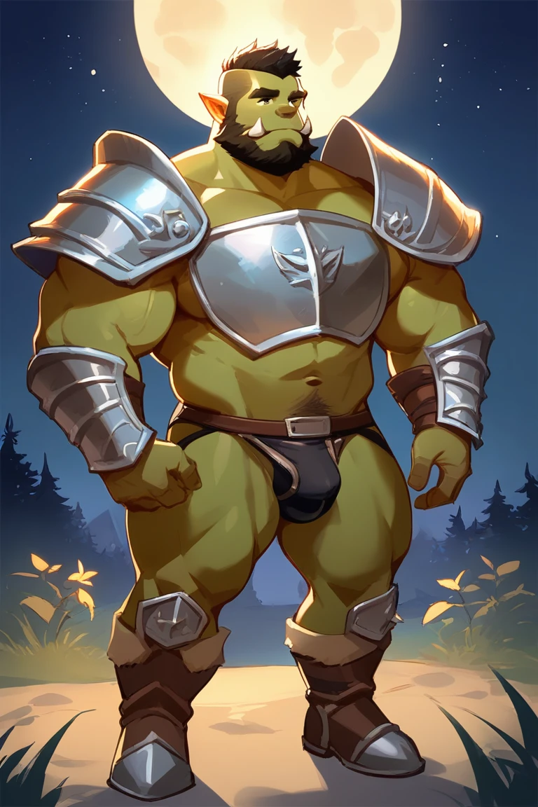 score_9, score_8_up, score_7_up, solo, male focus, bulk male, orc, green skin, tusks, beard, outdoors, micro armor , shoulder armor, breastplate, upper body, closed mouth, pauldrons, night, night sky , (( micro black briefs )) , full body , boots , laying spread legs , legs up , massive ass