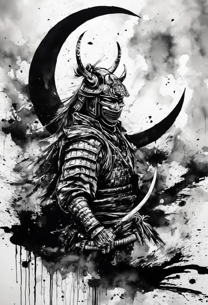 Black and white painting,Ink Painting,Draw a crescent moon with brush splashes,Warrior,(hannya face mask,samurai armor),gun,horse riding,