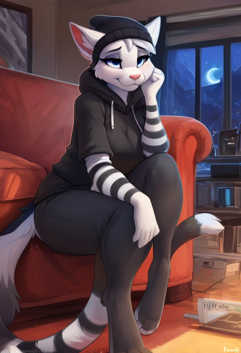 (best quality, masterpiece:1), solo, (shaded face:1.2), furry female anthro cat, (noseless:1.1), sitting on couch, living room, tail, medium breasts, bored, looking away, closed mouth, ((Correct anatomy))), (mocking smile), (shivering:1.2), half-closed eyes, beanie, black hoodie, striped sleeves, black jeans, cat paws, visible feet, black and white fur, (living room background, night), by kenket, Ross Tran, ruan jia, zaush, foxovh, by Zackary911, by hyattlen, by teranen, by fumiko, by Pixelsketcher, by Bayard Wu, by Thomas Benjamin Kennington, by Einshelm, by Kilinah, by Coffeesoda, by Hioshiru, by fluff-kevlar, by r-mk, by Dimwitdog, sexy clothes