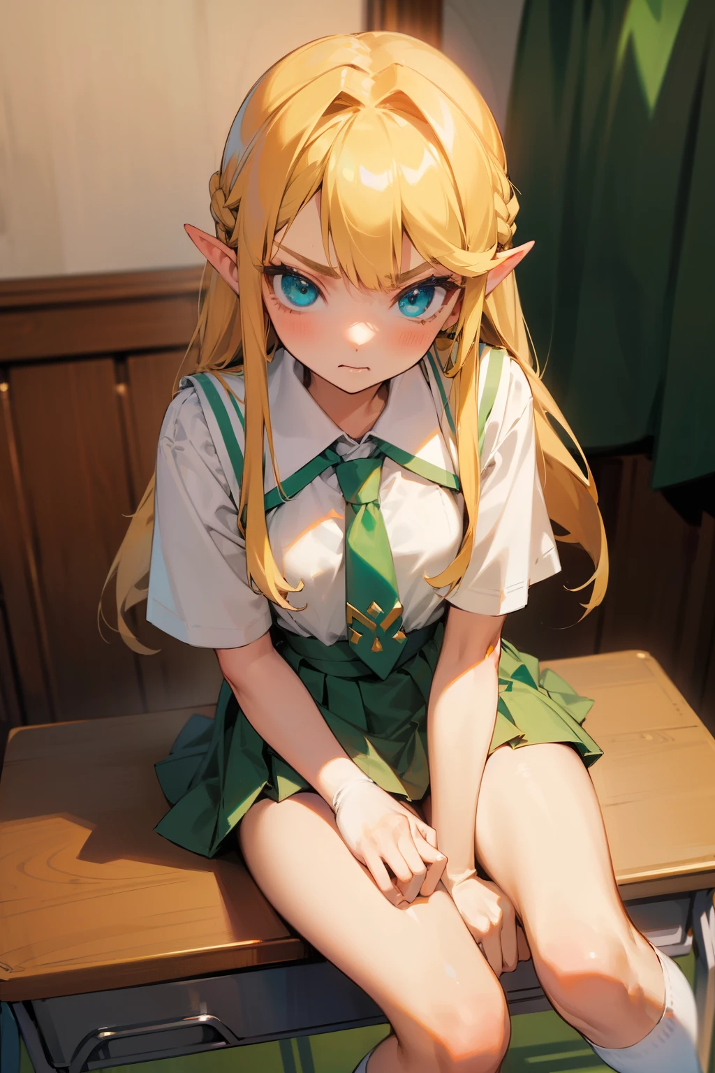 (masterpiece, high quality) 1 girl, Princess zelda, blonde, sitted on a school desk, open legs, pleated skirt, no panties, white blouse, green tie, high socks, angry, detailed eyes, detailed skin, nsfw,