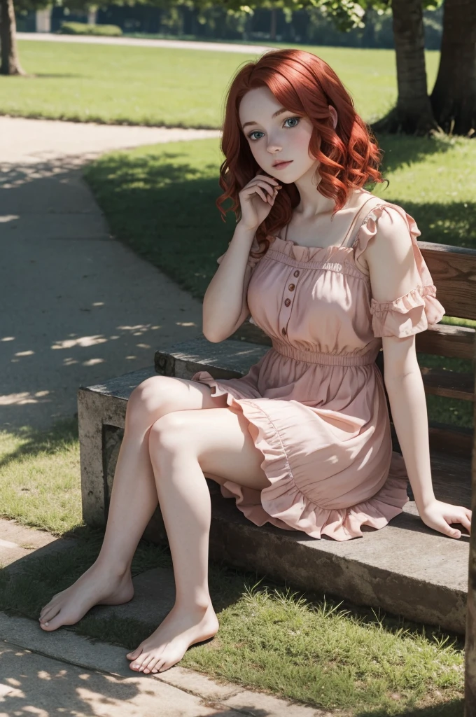 red wavy bob hair, one girl, pale skin, blue eyes, short frilled peach color dress, barefoot, in the park, sitting portrait