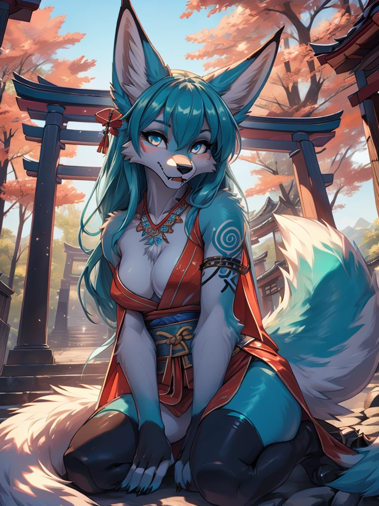 Miku Hatsune x vixen high definition good anatomy add_detail:1, blue fur,kitsune ears, tribal tattoo add_detail:1, cute girl add_detail:1, feudal priestess clothing add_detail:1, japanese shrine landscape add_detail:1, japanese shrine costume add_detail:1, add_detail:1, full body add_detail, highly detailed face, deep aqua iris add_detail:1, wolf claws, sharp fangs add_detail:1, wild slut add_detail:1