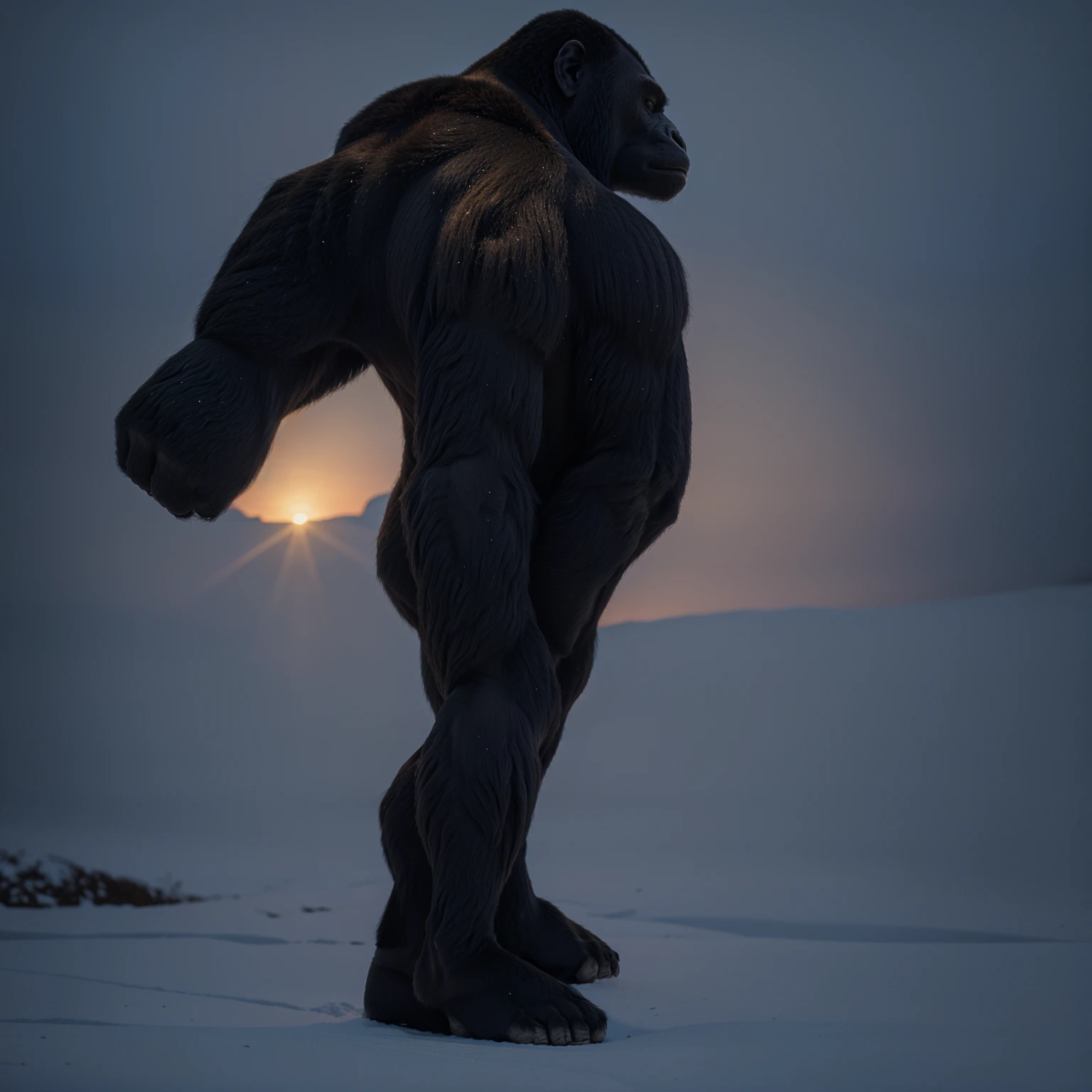 arafed gorilla standing on its hind legs with a white background, gorilla, distant full body view, bigfoot, big foot, full body wide shot, whole body highly detailed, like gorilla, sasquatch,muscular, strong body, full body profile, 1/2 view realistic, full body shot hyperdetailed, highly detailed full body, ( sasquatch, full body close-up shot