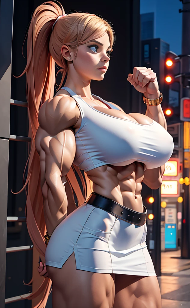 absurdres, highres, ultra detailed, ultra realistic, ((1 girl)), young and cute 21 yr old Avril Lavigne as bodybuilder Greek goddess of lightning, bodybuilder physique, ((((huge muscles)))), perfect skin, female, full body side view, musclebound, undone hair, huge breasts, swole enormous ripped muscles, enormous glutes, ((((underboob)))), cute young face, wearing white micro miniskirt, alone in the city at night