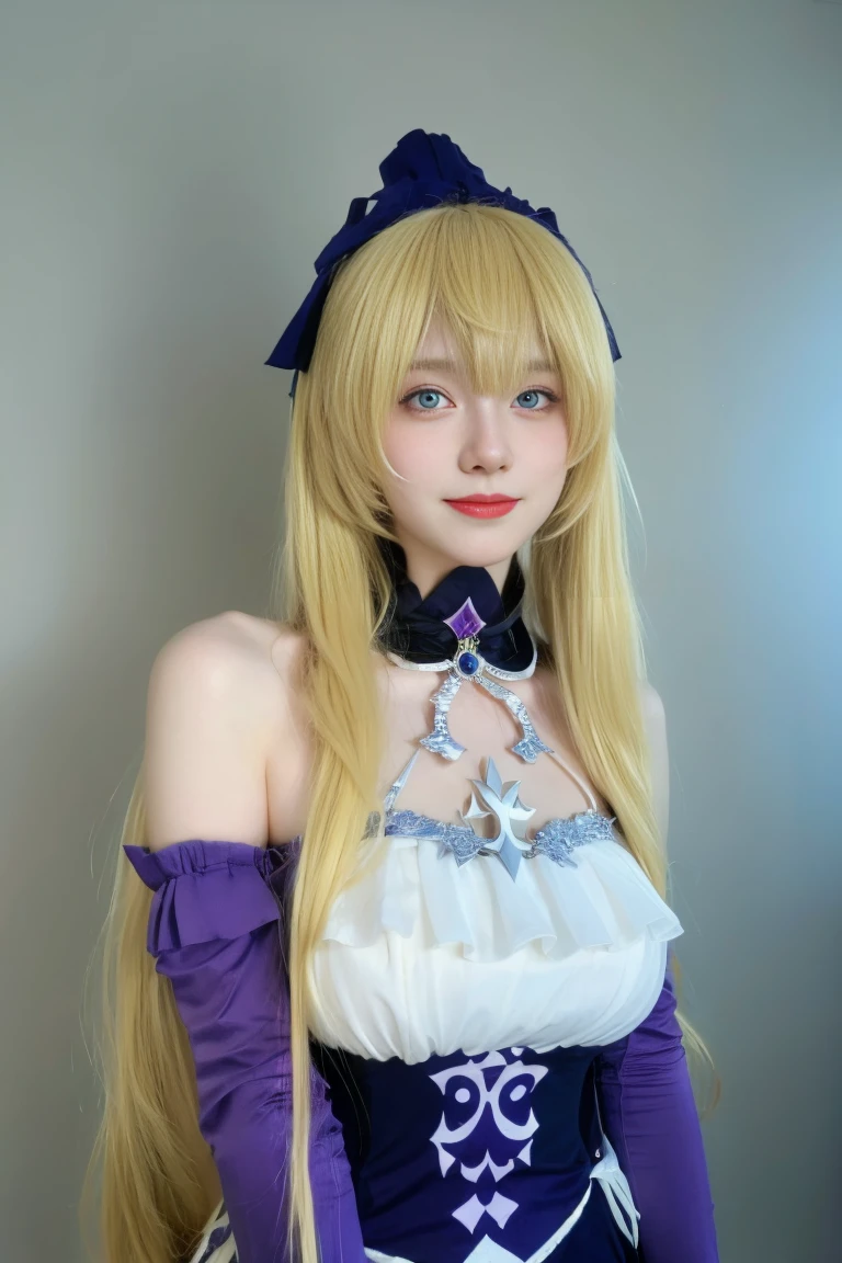 best quality, tmasterpiece,Ultra-high resolution,Clear face,(Reality:1.4),ferpect lighting,(upper body photo), (photorealistic:1.50), anime wallpaper, Guviz style artwork, cover-up fantasy up to magic , by Yang J, Guviz, beautiful artwork illustration, beautiful digital artwork, beautiful digital illustration, Li Song, beautiful anime portrait, art style in Beauvot, 1girl, 独奏, long hair, (blonde hair:1.5), (twintails:1.3), hair ribbon, bangs, blue eyes, Blush, smile, (purple bodysuit:1.3), standing, (looking at viwer), Arm gloves, Bare shoulders, Arms behind back,