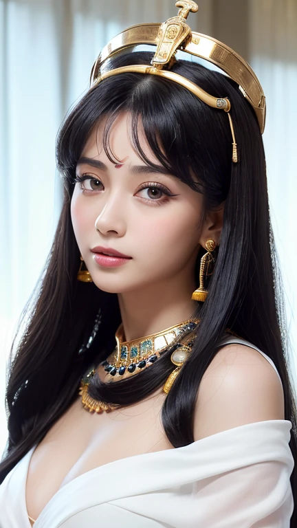 Beauty,((masterpiece)),((Highest quality)),((8K)),((Ultra high definition)),((high resolution)),((detailed)),((Perfect body)),((Perfect Face)),Beauty、Shiny Hair、Slanted Eyes、((Very heavy makeup:1.2))、Glowing Skin、(Tan Skin)、Glowing Skin、Jet Black Hair、Long Hair、Very long black hair、Beautiful and detailed、smile、21 years old、((エジプトのView of the Royal Palace:1.3))、View of the Royal Palace、Concubine、((王Concubineの髪飾り))、((Royal Palace of Egypt))、王Concubine、gold、Royal Bedroom、エジプト王Concubineのgoldの衣装))、((Angle of view that allows you to see the whole body:1.3))、(((nup, nefertari:1.2))、Cleopatra、((sexy))、A dignified expression、Transparent white cloth