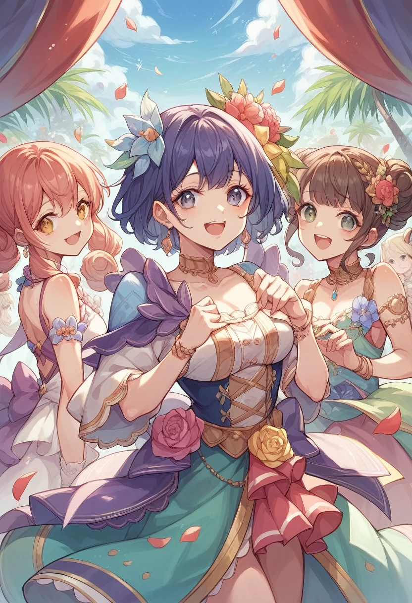 8-year-old、pretty girl、Samba Carnival、Happy smile、Beautiful background, Four Girls,