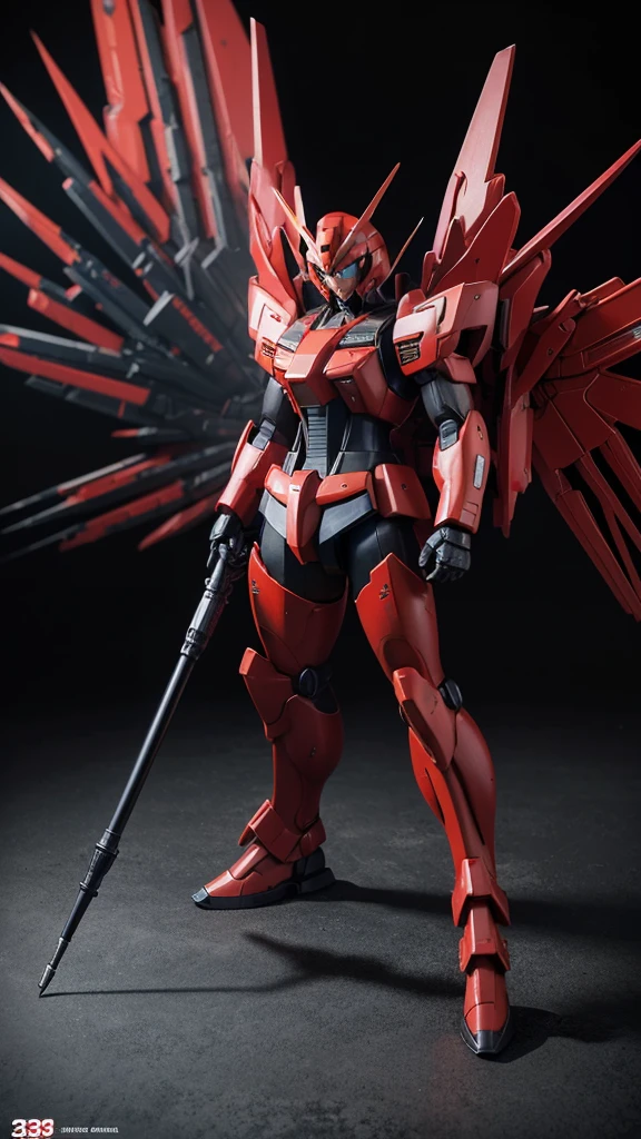 ，Gundam style，Rich in details，Wearing cold weapons，Crimson and black，The original machine，Wings behind，Fighting Stance，3D Model，complex structure，Add text spray paint and number spray paint，Aerodynamic armor