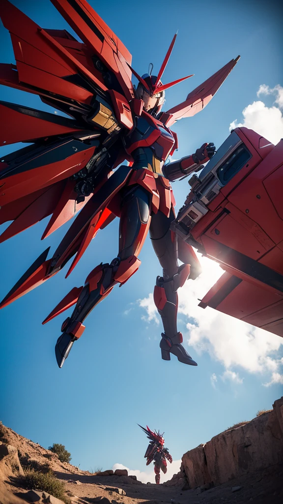 ,Gundam style,Rich in details,Wearing cold weapons,Crimson and black,The original machine,Wings behind,Fighting Stance,3D Model,complex structure,Add text spray paint and number spray paint,Aerodynamic armor