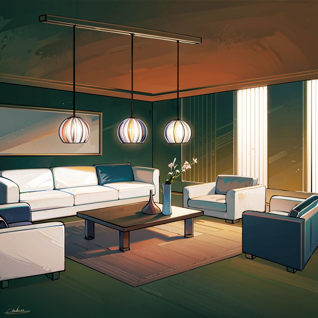 Warm light, realistic, White and light colours, nice painting and végétation on the outside