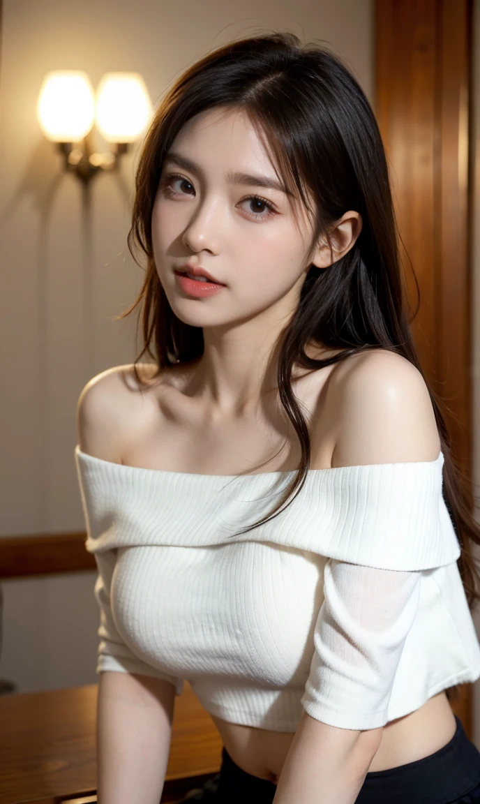 Ulzzang-6500-v1.1, (RAW Photos:1.2), (Realistic:1.4), 美しい詳細な女性 Very detailed eyes and face, Beautiful and detailed, Ridiculous, 信じられないほどRidiculous, Huge file sizes, Very detailed, High resolution, Very detailed, Highest quality, Tabletop, ((off-the-shoulder white shirt)), shape, Very detailed, Hmph, Unified, 8k wallpaper, wonderful, Finer details, Tabletop, Highest quality, Highly detailed Hmph unity 8k wallpaper, Face Light, Cinema Lighting, One Girl, 16 years old, ((Very detailed)), ((Dynamic pose))), (Camel Toe), (Grit your teeth),((Troubled face)),Black mini skirt,((Droopy eyes)),Leaning forward、Please place your hand on your chest、belly button、