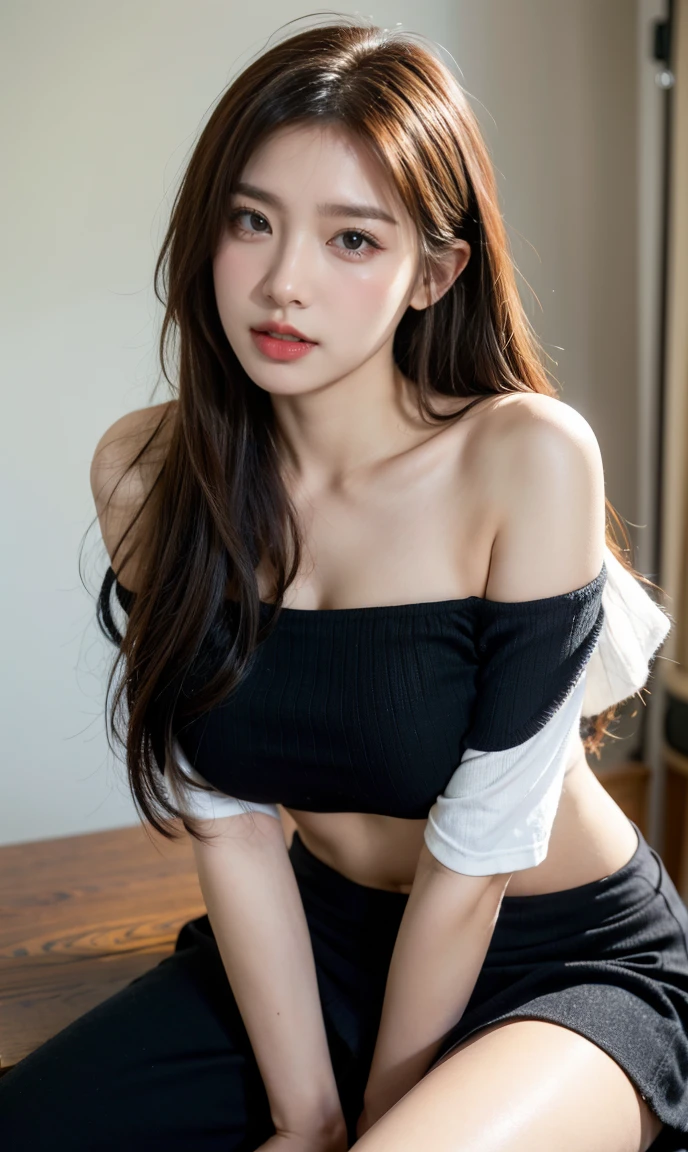 Ulzzang-6500-v1.1, (RAW Photos:1.2), (Realistic:1.4), 美しい詳細な女性 Very detailed eyes and face, Beautiful and detailed, Ridiculous, 信じられないほどRidiculous, Huge file sizes, Very detailed, High resolution, Very detailed, Highest quality, Tabletop, ((off-the-shoulder white shirt)), shape, Very detailed, Hmph, Unified, 8k wallpaper, wonderful, Finer details, Tabletop, Highest quality, Highly detailed Hmph unity 8k wallpaper, Face Light, Cinema Lighting, One Girl, , ((Very detailed)), ((Dynamic pose))), (Camel Toe), (Grit your teeth),((Troubled face)),Black mini skirt,((Droopy eyes)),Leaning forward、Please place your hand on your chest、belly button、