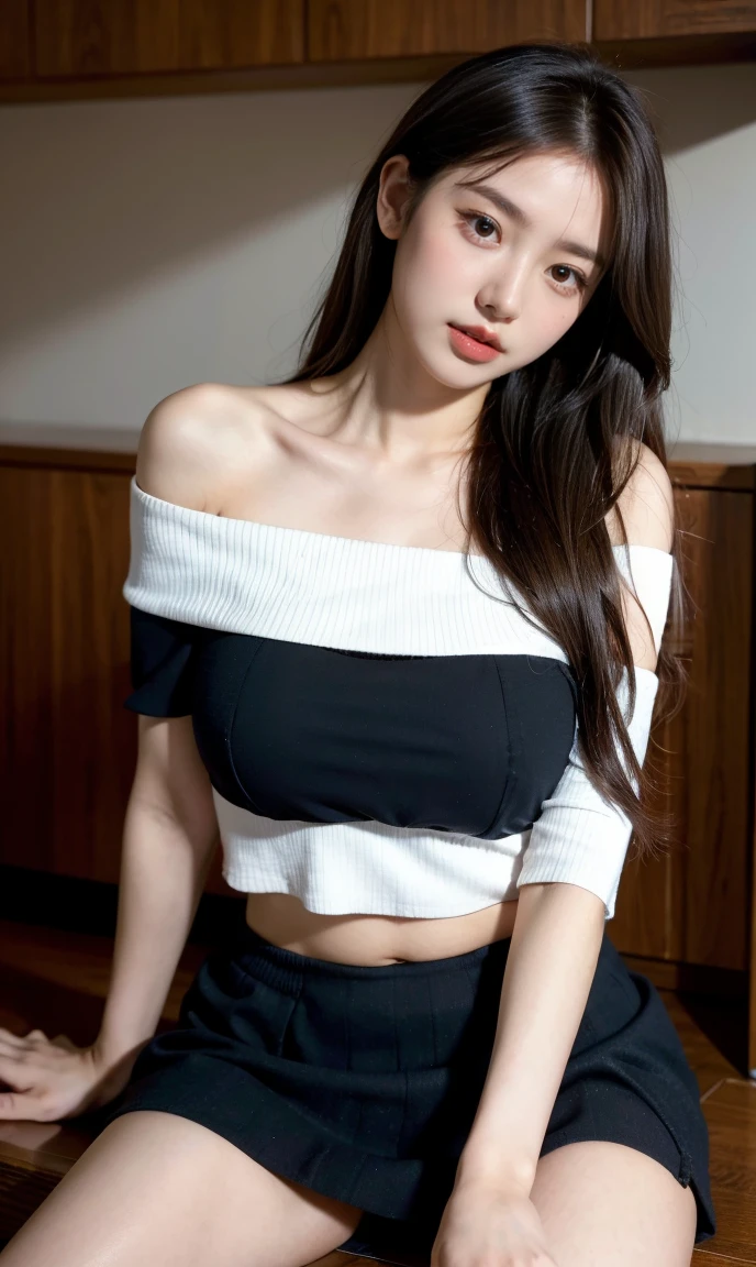 Ulzzang-6500-v1.1, (RAW Photos:1.2), (Realistic:1.4), 美しい詳細な女性 Very detailed eyes and face, Beautiful and detailed, Ridiculous, 信じられないほどRidiculous, Huge file sizes, Very detailed, High resolution, Very detailed, Highest quality, Tabletop, ((off-the-shoulder white shirt)), shape, Very detailed, Hmph, Unified, 8k wallpaper, wonderful, Finer details, Tabletop, Highest quality, Highly detailed Hmph unity 8k wallpaper, Face Light, Cinema Lighting, One Girl, , ((Very detailed)), ((Dynamic pose))), (Camel Toe), (Grit your teeth),((Troubled face)),Black mini skirt,((Droopy eyes)),Leaning forward、Please place your hand on your chest、belly button、