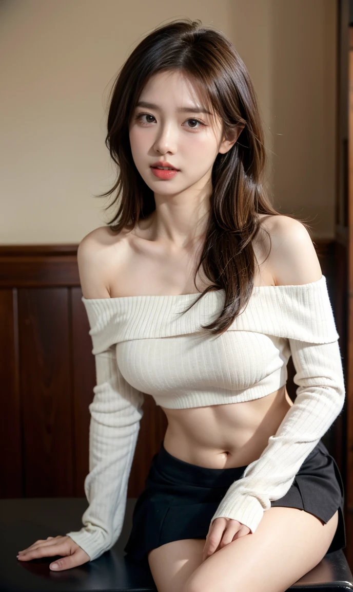 Ulzzang-6500-v1.1, (RAW Photos:1.2), (Realistic:1.4), 美しい詳細な女性 Very detailed eyes and face, Beautiful and detailed, Ridiculous, 信じられないほどRidiculous, Huge file sizes, Very detailed, High resolution, Very detailed, Highest quality, Tabletop, ((off-the-shoulder white shirt)), shape, Very detailed, Hmph, Unified, 8k wallpaper, wonderful, Finer details, Tabletop, Highest quality, Highly detailed Hmph unity 8k wallpaper, Face Light, Cinema Lighting, One Girl, , ((Very detailed)), ((Dynamic pose))), (Camel Toe), (Grit your teeth),((Troubled face)),Black mini skirt,((Droopy eyes)),Leaning forward、Please place your hand on your chest、belly button、