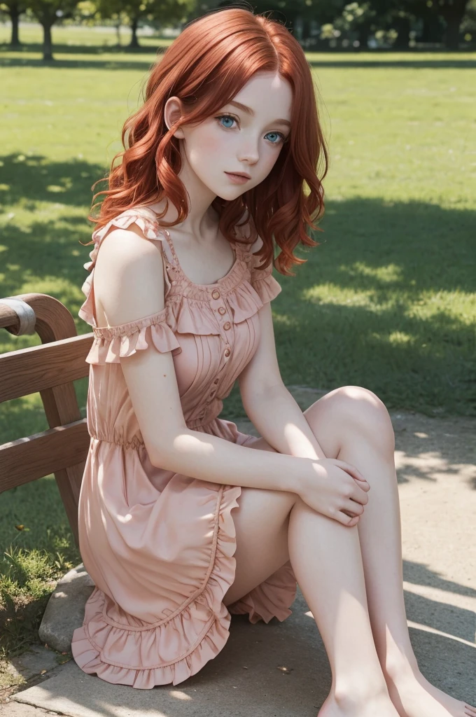 red wavy bob hair, one teen girl, pale skin, blue eyes, short frilled peach color dress, barefoot, in the park, sitting portrait